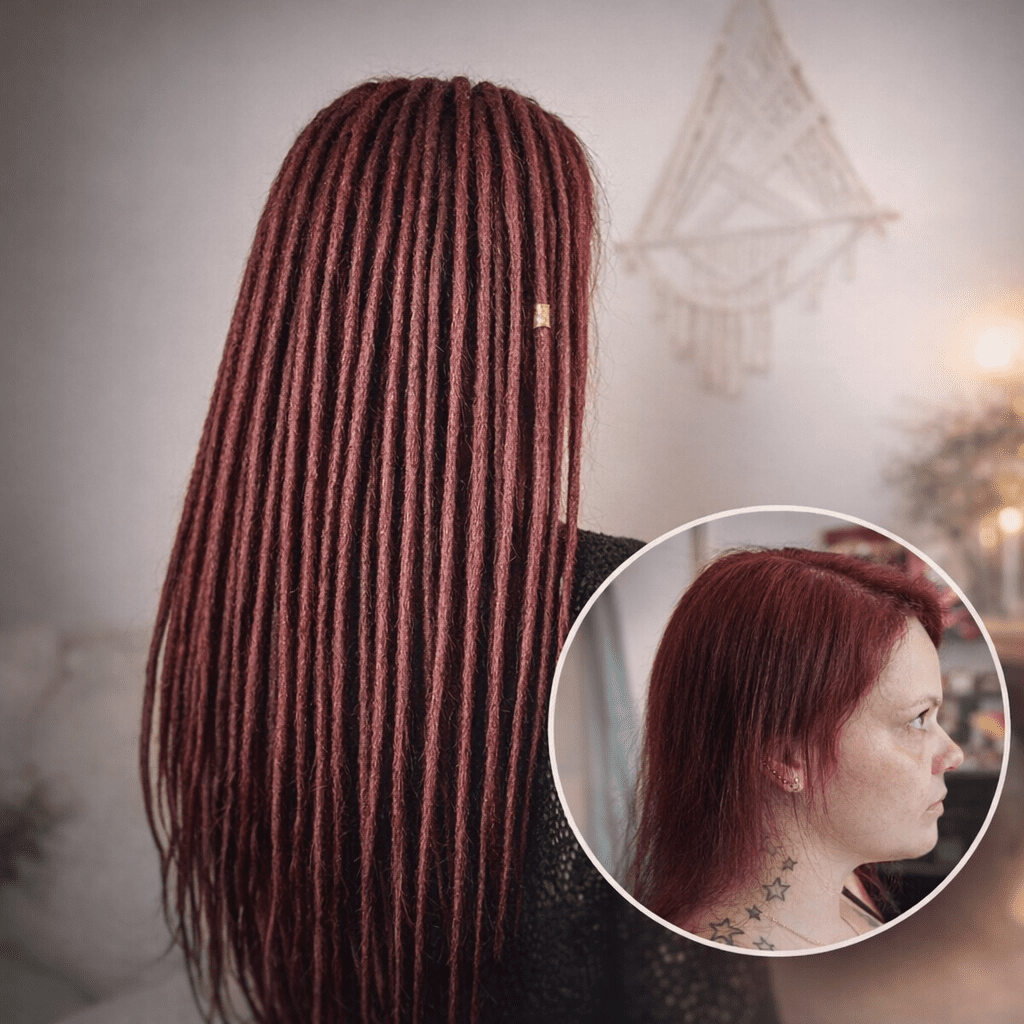 Deep red dreadlock extensions before and after thinning hair transformation
